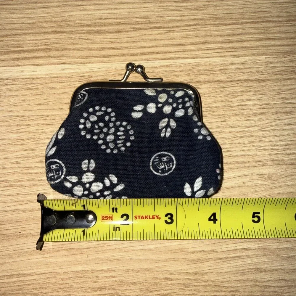 Vintage Chinese Indigo Blue Batik Coin Purse Kiss Lock Fabric Shou Motif Pouch